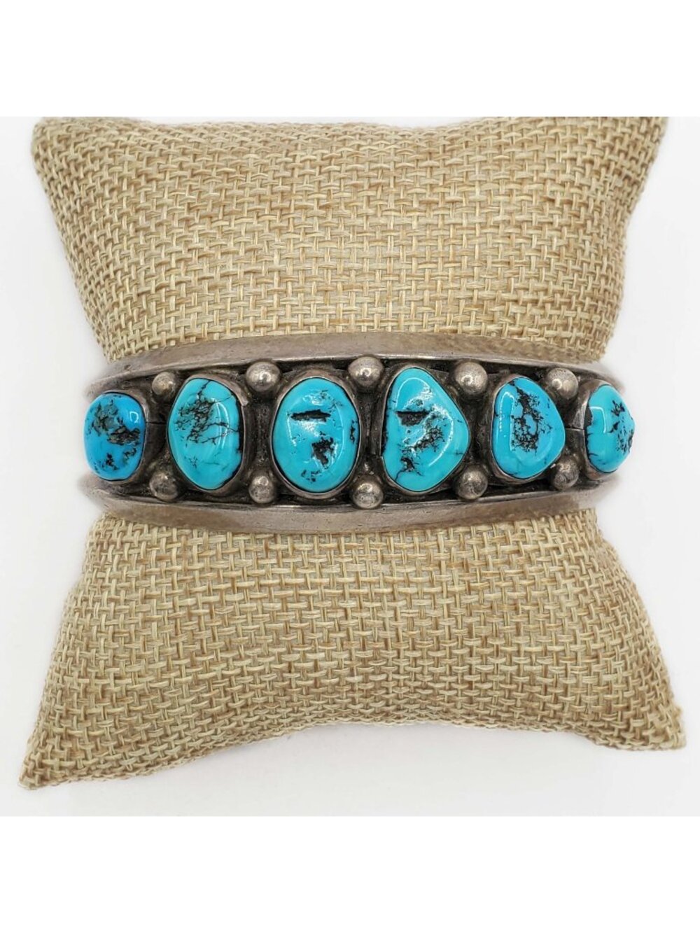 Southwestern Turquoise Nugget Cabochon Station Cuff Bracelet Sterling Silver